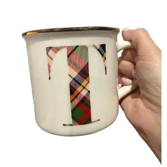 Pottery Barn Stewart Plaid Coffee Tea Mug Letter T Monogram 16oz Ceramic Holiday - Picture 1 of 7